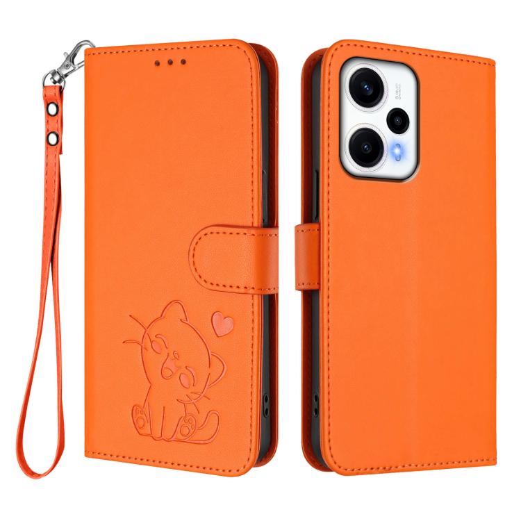 For Redmi Note 12 Turbo 5G / Xiaomi Poco F5 Embossed Heart Cat Leather Phone Case with Hand Strap