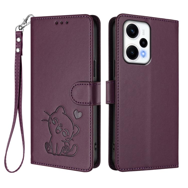 For Redmi Note 12 Turbo 5G / Xiaomi Poco F5 Embossed Heart Cat Leather Phone Case with Hand Strap