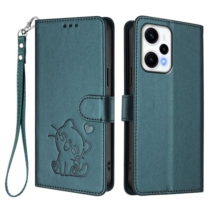 For Redmi Note 12 Turbo 5G / Xiaomi Poco F5 Embossed Heart Cat Leather Phone Case with Hand Strap