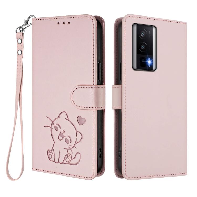 For Redmi K60 / K60 Pro Embossed Heart Cat Leather Phone Case with Hand Strap