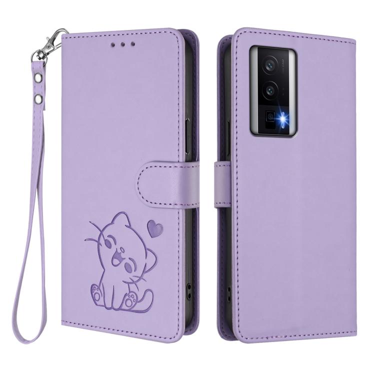 For Redmi K60 / K60 Pro Embossed Heart Cat Leather Phone Case with Hand Strap