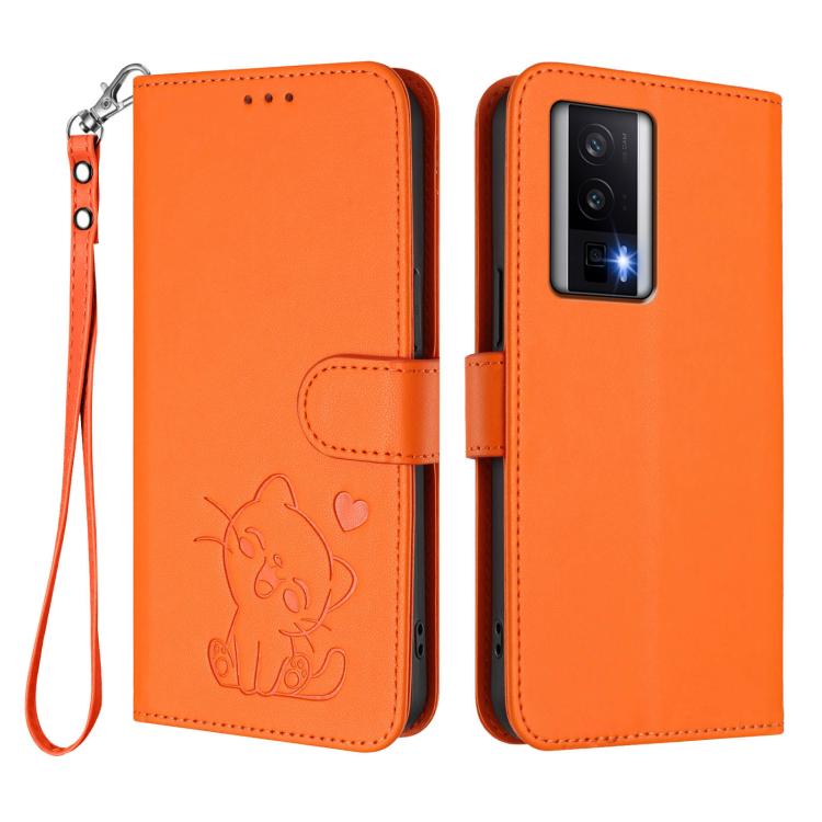 For Redmi K60 / K60 Pro Embossed Heart Cat Leather Phone Case with Hand Strap