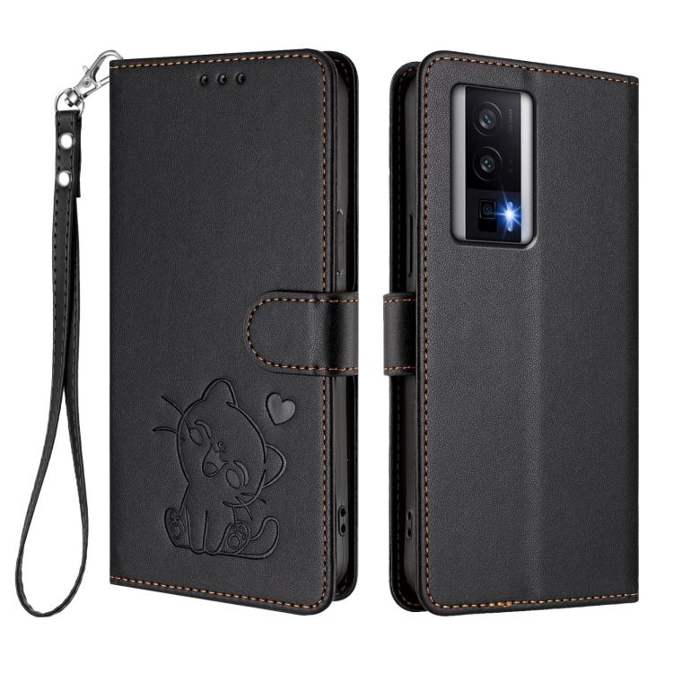 For Redmi K60 / K60 Pro Embossed Heart Cat Leather Phone Case with Hand Strap