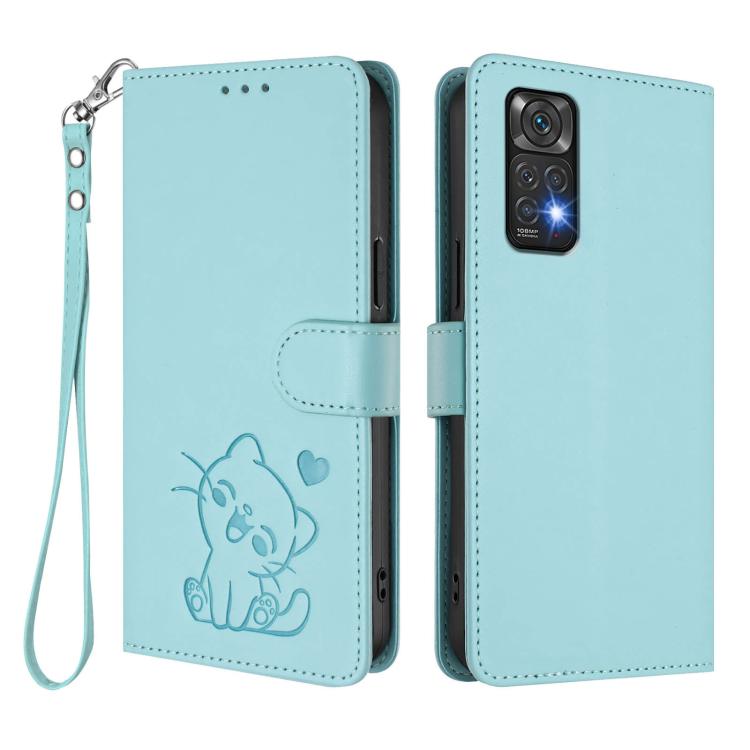 For Redmi Note 11 4G / Note 11S 4G Global Embossed Heart Cat Leather Phone Case with Hand Strap