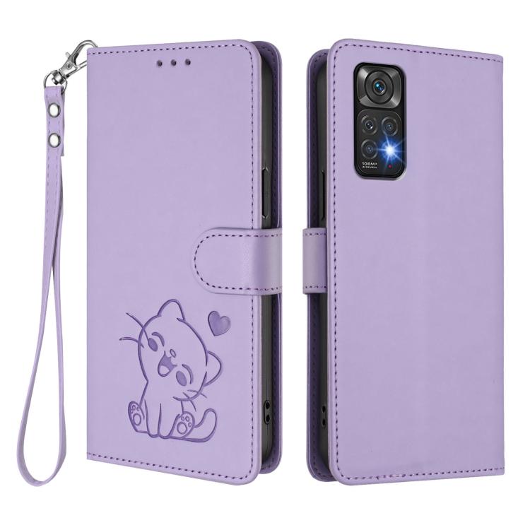 For Redmi Note 11 4G / Note 11S 4G Global Embossed Heart Cat Leather Phone Case with Hand Strap