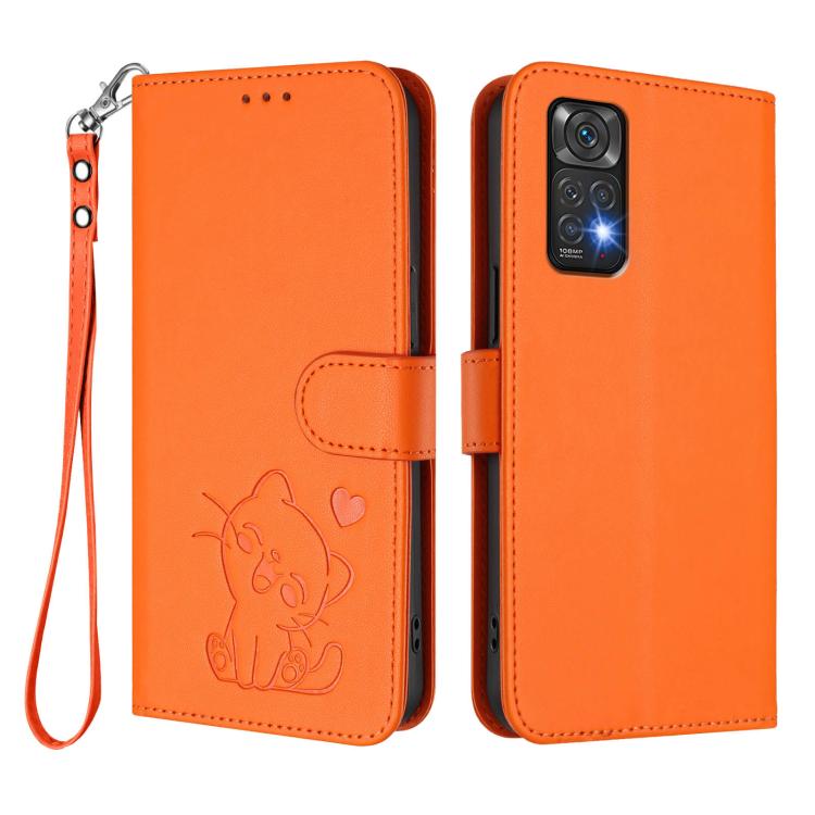 For Redmi Note 11 4G / Note 11S 4G Global Embossed Heart Cat Leather Phone Case with Hand Strap