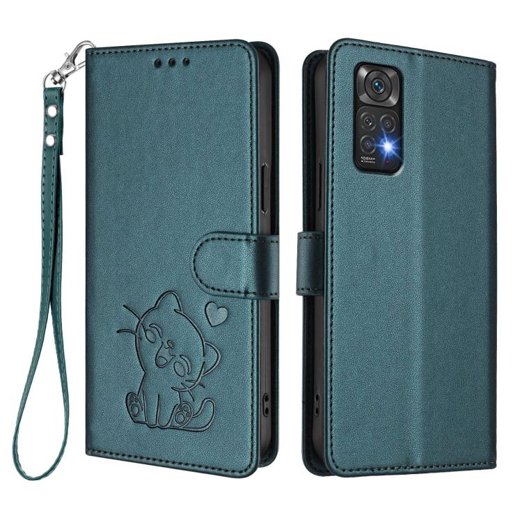 For Redmi Note 11 4G / Note 11S 4G Global Embossed Heart Cat Leather Phone Case with Hand Strap