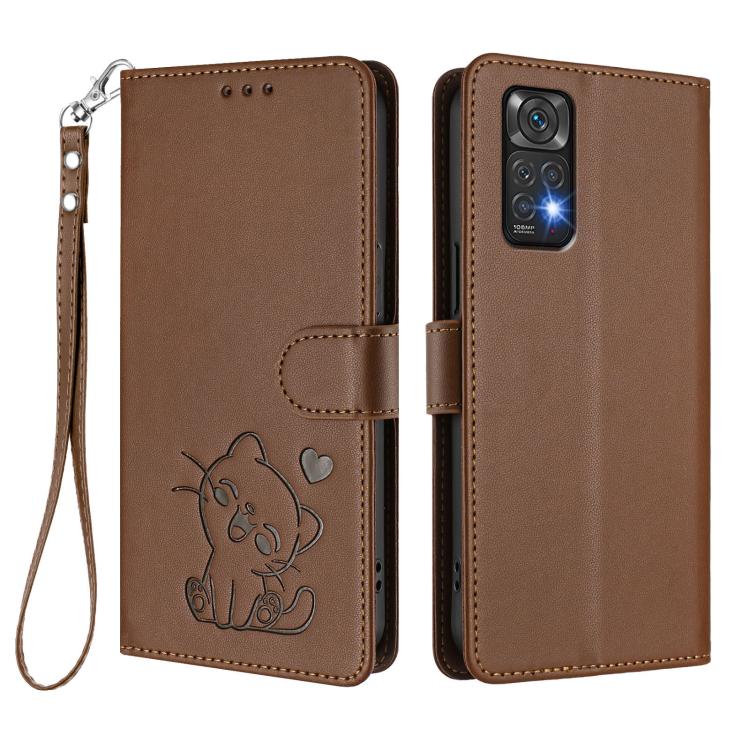 For Redmi Note 11 4G / Note 11S 4G Global Embossed Heart Cat Leather Phone Case with Hand Strap