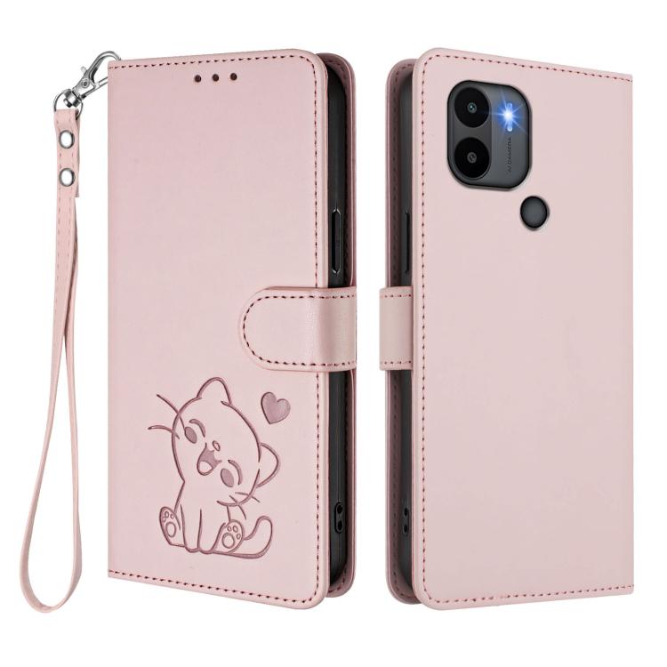 For Redmi A1+ / A2+ / Xiaomi Poco C51 Embossed Heart Cat Leather Phone Case with Hand Strap