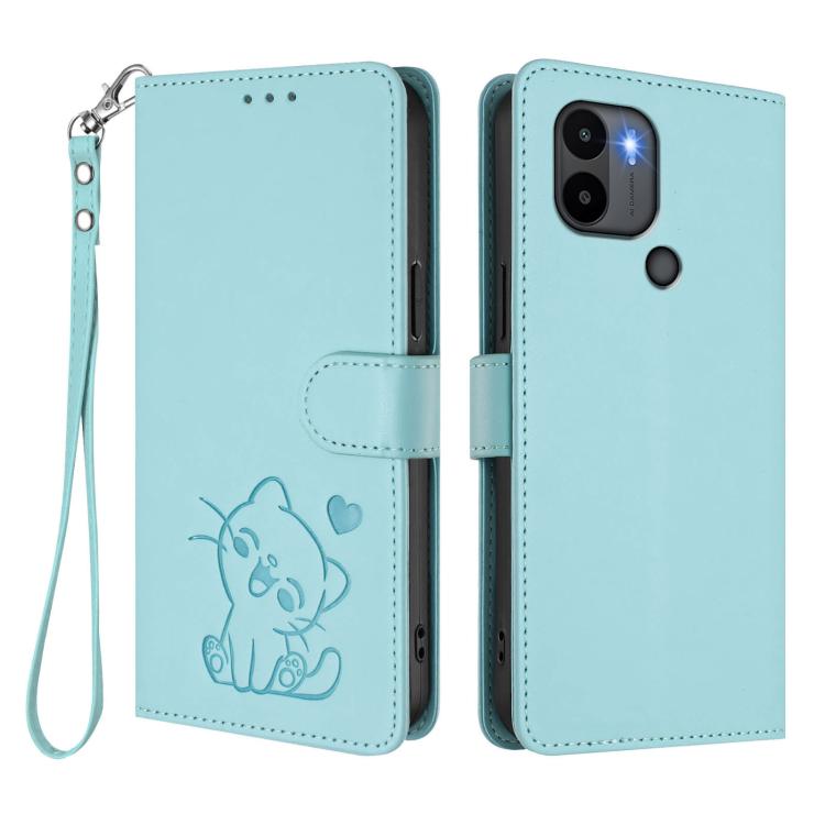 For Redmi A1+ / A2+ / Xiaomi Poco C51 Embossed Heart Cat Leather Phone Case with Hand Strap