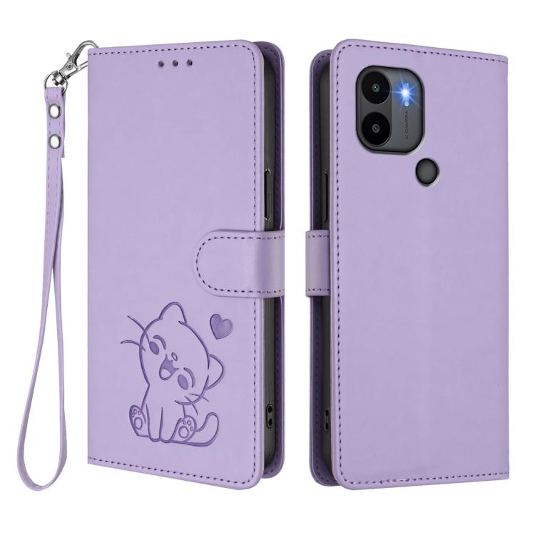 For Redmi A1+ / A2+ / Xiaomi Poco C51 Embossed Heart Cat Leather Phone Case with Hand Strap