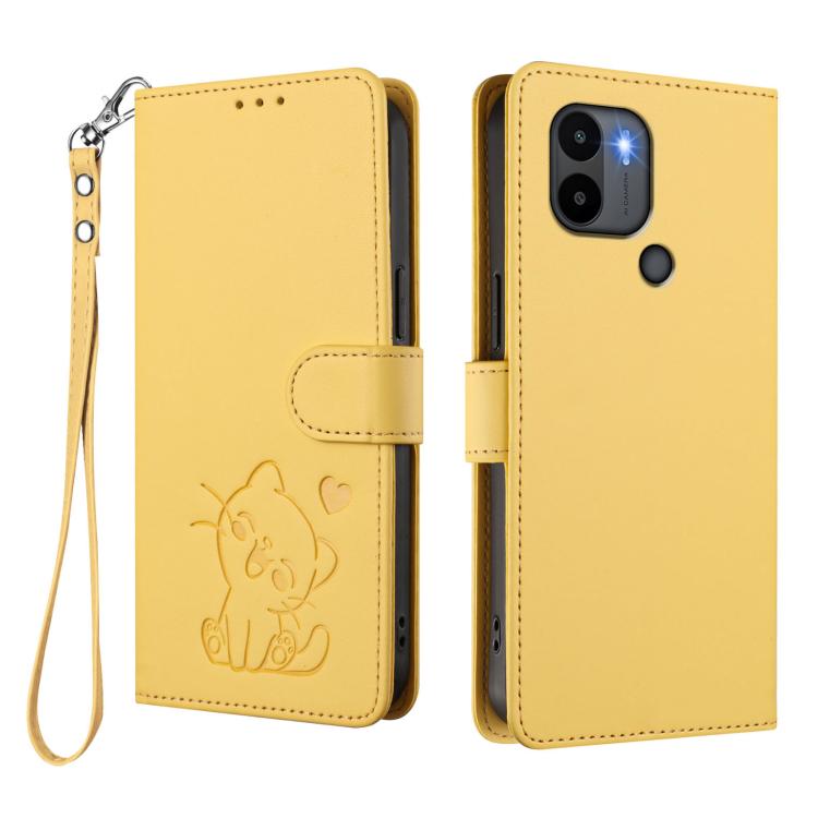 For Redmi A1+ / A2+ / Xiaomi Poco C51 Embossed Heart Cat Leather Phone Case with Hand Strap