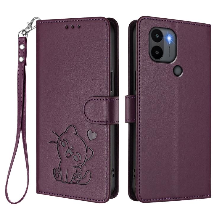 For Redmi A1+ / A2+ / Xiaomi Poco C51 Embossed Heart Cat Leather Phone Case with Hand Strap
