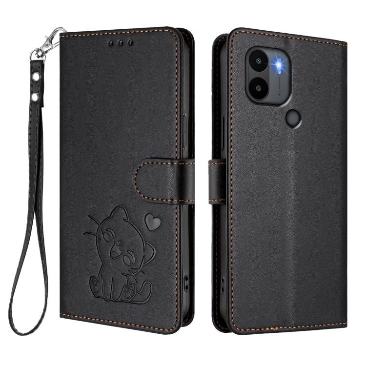 For Redmi A1+ / A2+ / Xiaomi Poco C51 Embossed Heart Cat Leather Phone Case with Hand Strap