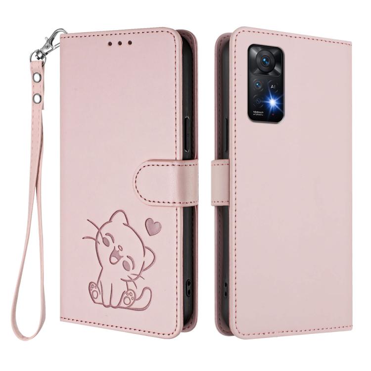 For Redmi Note 11 Pro 5G / 4G Global Embossed Heart Cat Leather Phone Case with Hand Strap