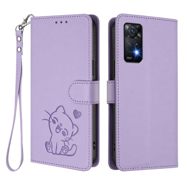 For Redmi Note 11 Pro 5G / 4G Global Embossed Heart Cat Leather Phone Case with Hand Strap