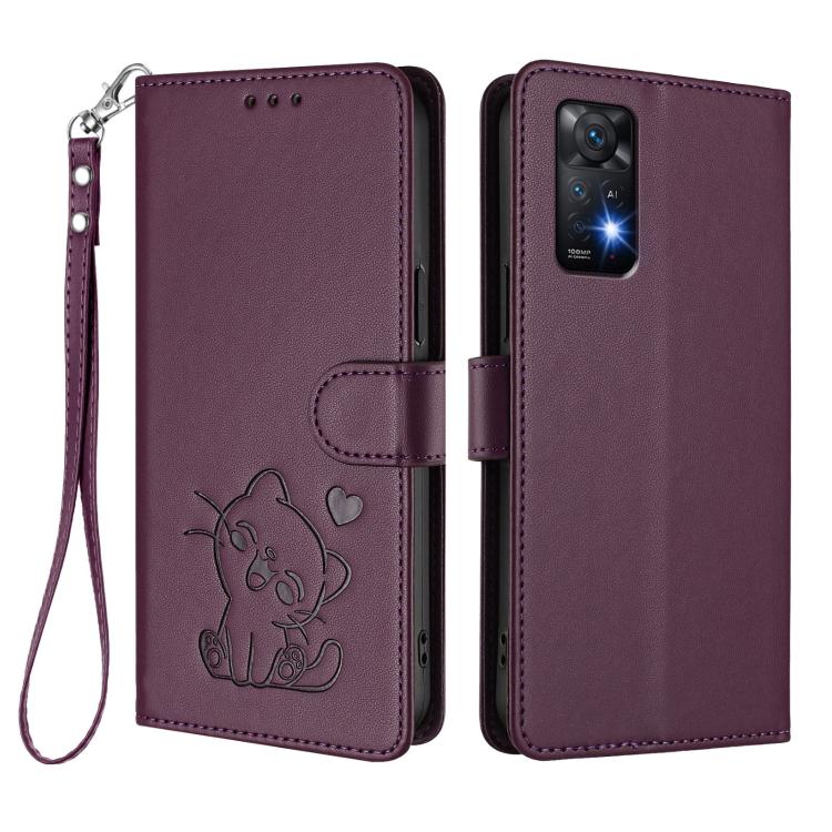 For Redmi Note 11 Pro 5G / 4G Global Embossed Heart Cat Leather Phone Case with Hand Strap