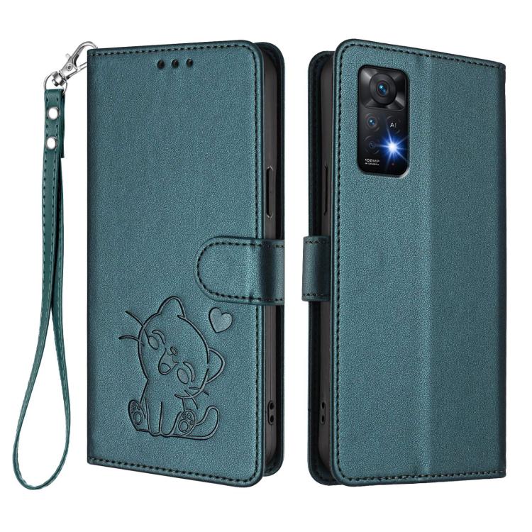 For Redmi Note 11 Pro 5G / 4G Global Embossed Heart Cat Leather Phone Case with Hand Strap