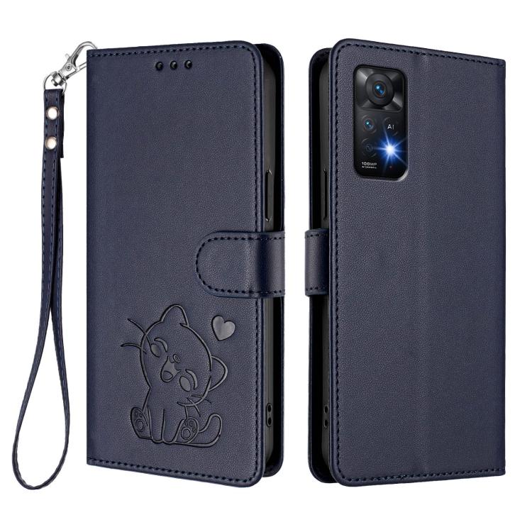 For Redmi Note 11 Pro 5G / 4G Global Embossed Heart Cat Leather Phone Case with Hand Strap