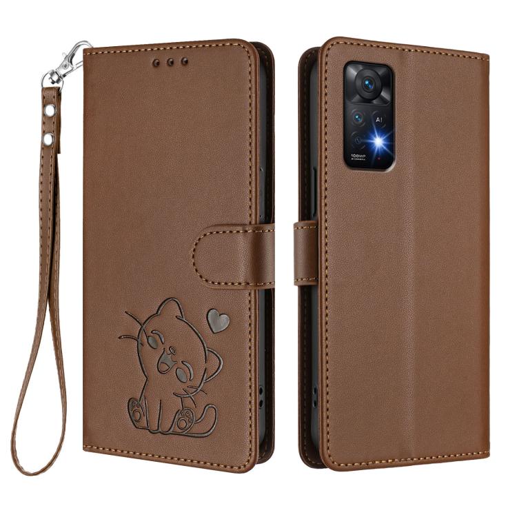 For Redmi Note 11 Pro 5G / 4G Global Embossed Heart Cat Leather Phone Case with Hand Strap
