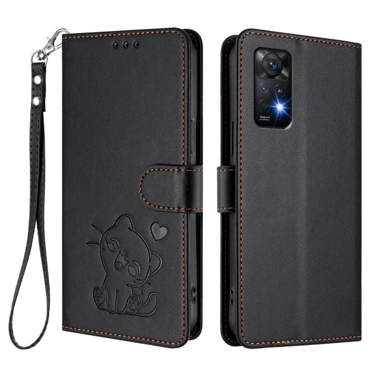 For Redmi Note 11 Pro 5G / 4G Global Embossed Heart Cat Leather Phone Case with Hand Strap