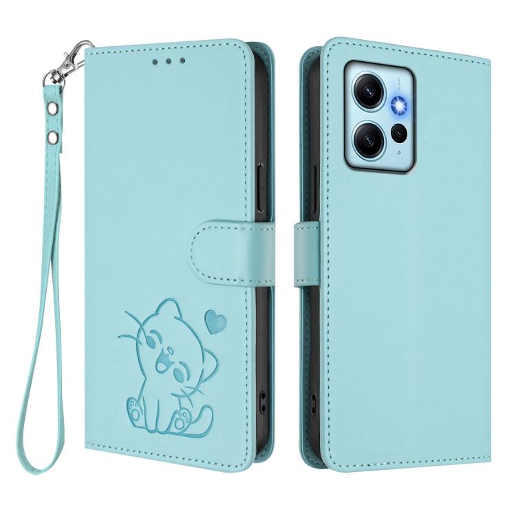 For Redmi Note 12 4G Global Embossed Heart Cat Leather Phone Case with Hand Strap