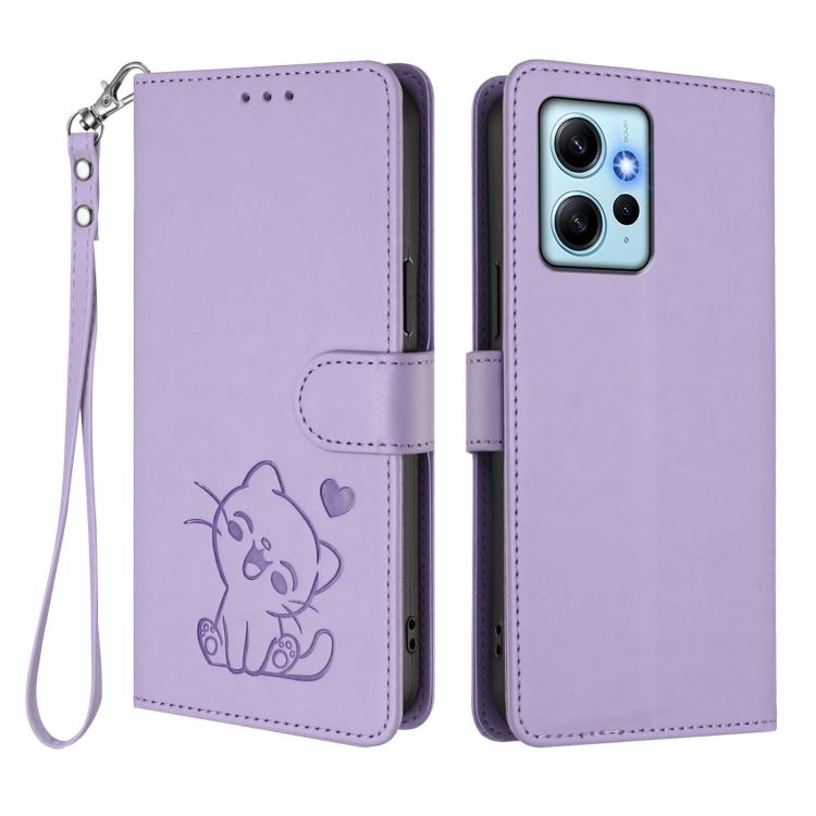 For Redmi Note 12 4G Global Embossed Heart Cat Leather Phone Case with Hand Strap
