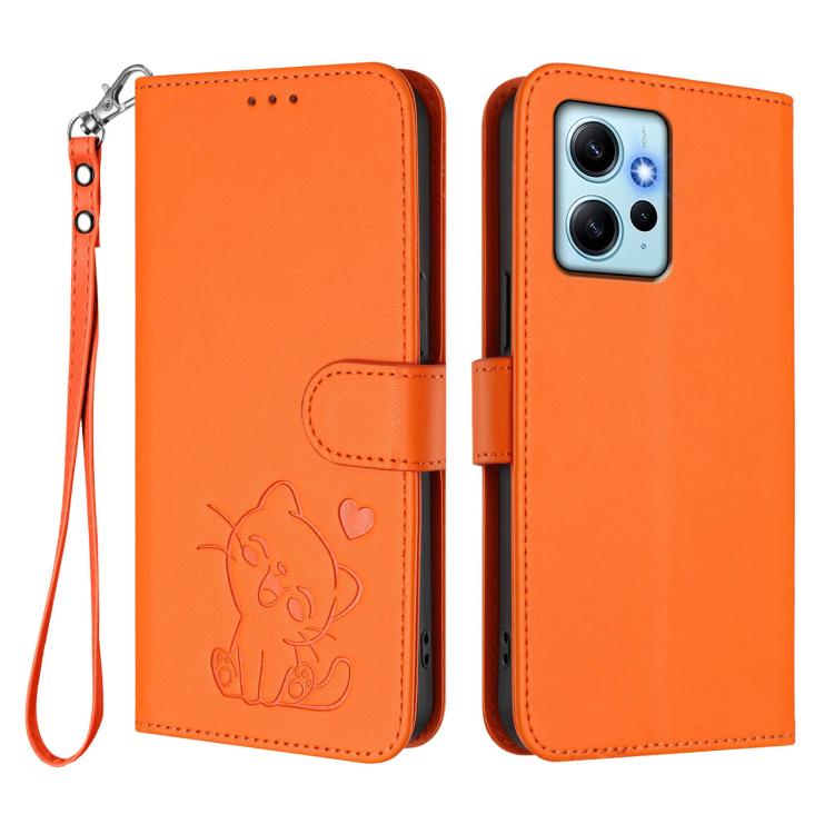 For Redmi Note 12 4G Global Embossed Heart Cat Leather Phone Case with Hand Strap