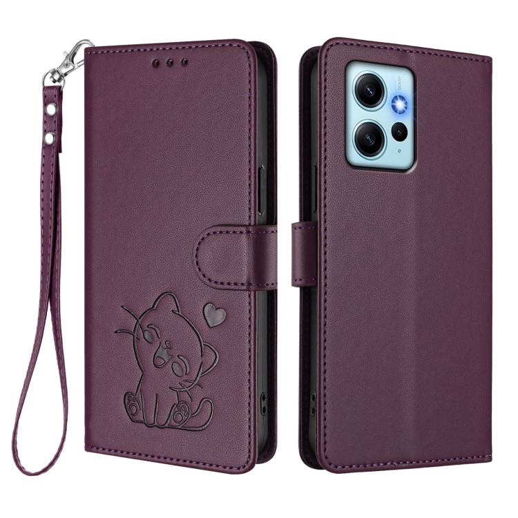 For Redmi Note 12 4G Global Embossed Heart Cat Leather Phone Case with Hand Strap