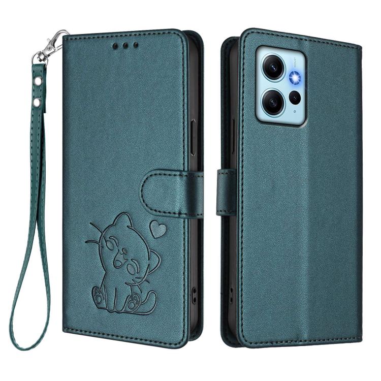 For Redmi Note 12 4G Global Embossed Heart Cat Leather Phone Case with Hand Strap