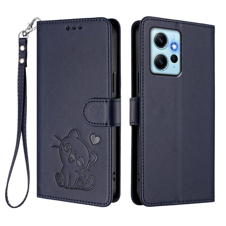 For Redmi Note 12 4G Global Embossed Heart Cat Leather Phone Case with Hand Strap
