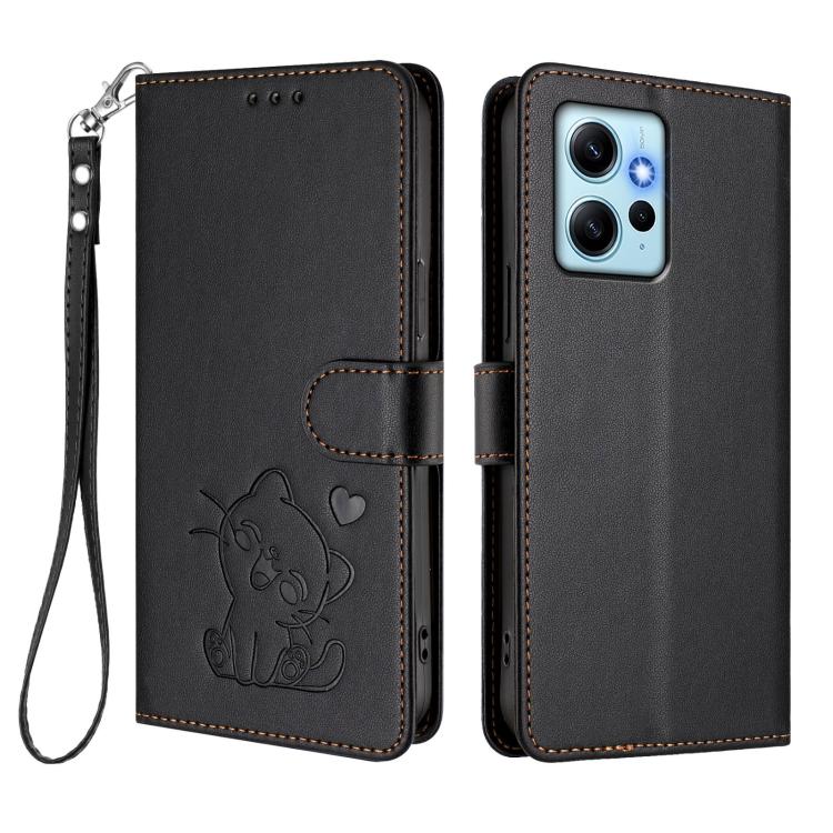 For Redmi Note 12 4G Global Embossed Heart Cat Leather Phone Case with Hand Strap