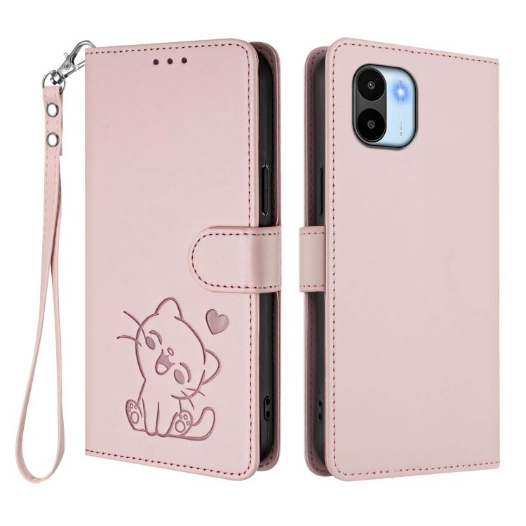 For Redmi A1 4G / A2 4G Embossed Heart Cat Leather Phone Case with Hand Strap