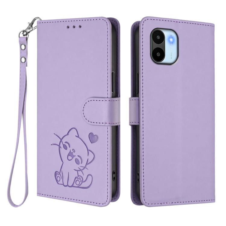 For Redmi A1 4G / A2 4G Embossed Heart Cat Leather Phone Case with Hand Strap