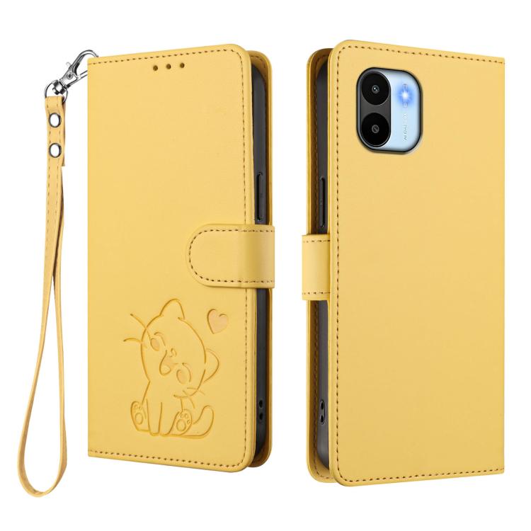 For Redmi A1 4G / A2 4G Embossed Heart Cat Leather Phone Case with Hand Strap