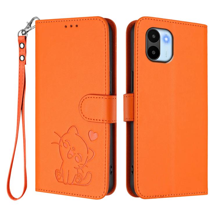 For Redmi A1 4G / A2 4G Embossed Heart Cat Leather Phone Case with Hand Strap