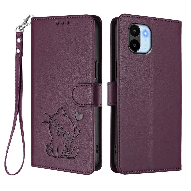 For Redmi A1 4G / A2 4G Embossed Heart Cat Leather Phone Case with Hand Strap