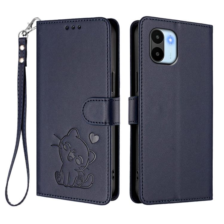 For Redmi A1 4G / A2 4G Embossed Heart Cat Leather Phone Case with Hand Strap