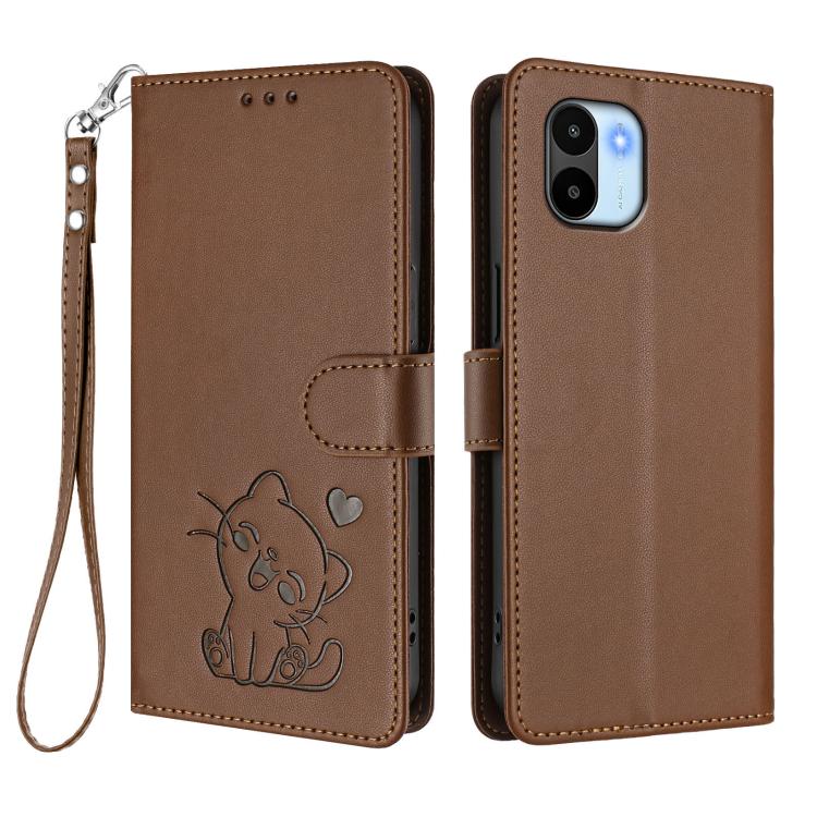 For Redmi A1 4G / A2 4G Embossed Heart Cat Leather Phone Case with Hand Strap