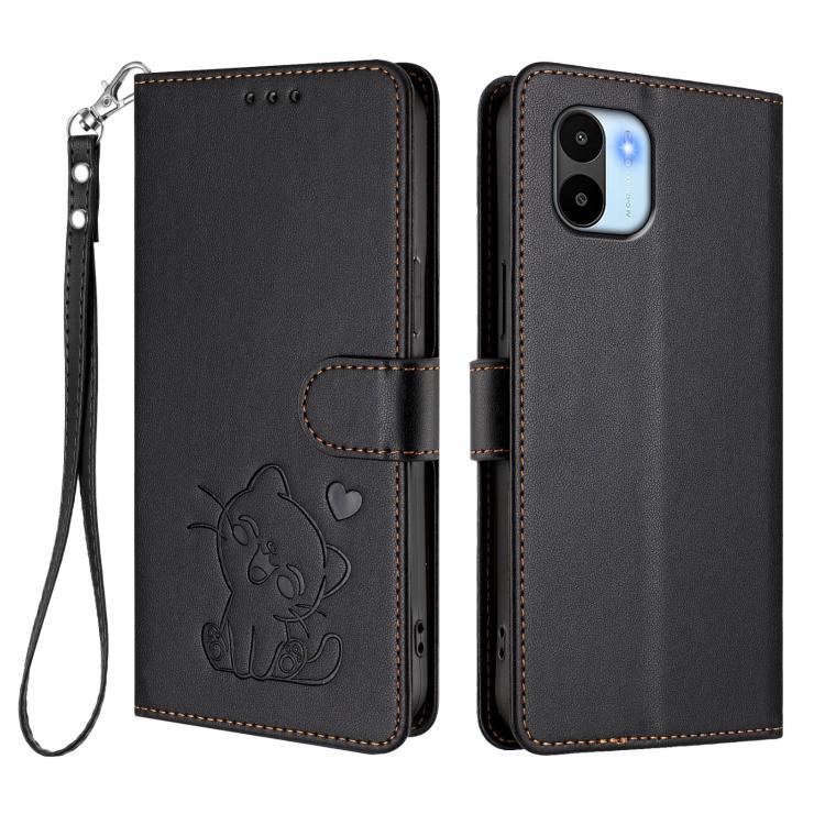 For Redmi A1 4G / A2 4G Embossed Heart Cat Leather Phone Case with Hand Strap