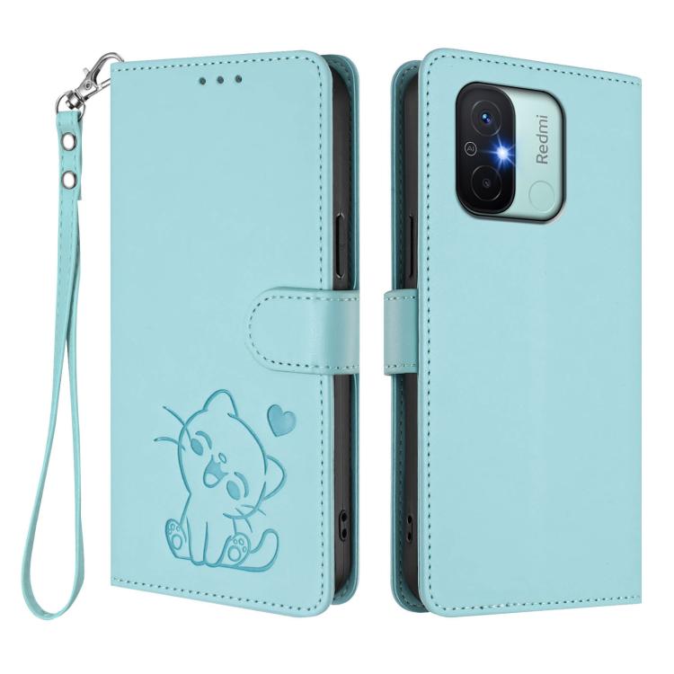 For Redmi 11A / Xiaomi Poco C55 Embossed Heart Cat Leather Phone Case with Hand Strap