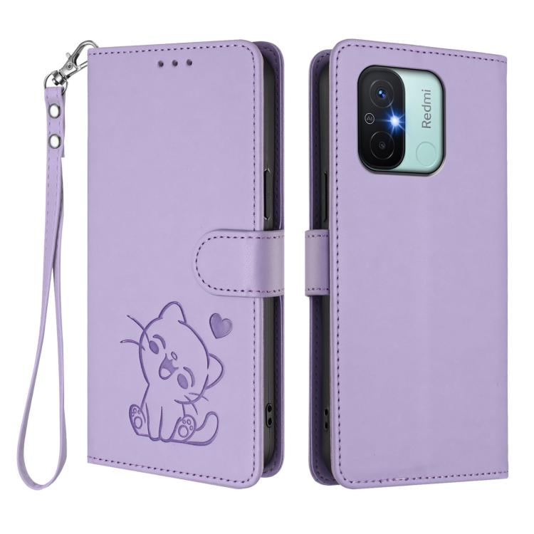 For Redmi 11A / Xiaomi Poco C55 Embossed Heart Cat Leather Phone Case with Hand Strap