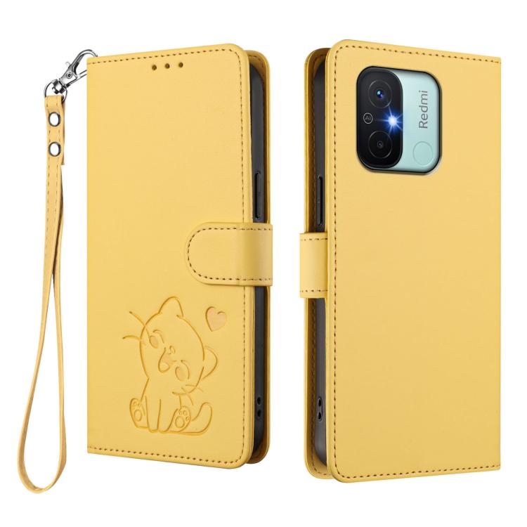For Redmi 11A / Xiaomi Poco C55 Embossed Heart Cat Leather Phone Case with Hand Strap