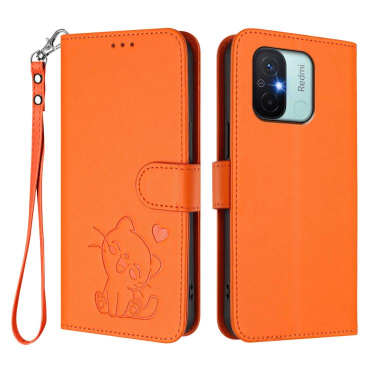 For Redmi 11A / Xiaomi Poco C55 Embossed Heart Cat Leather Phone Case with Hand Strap