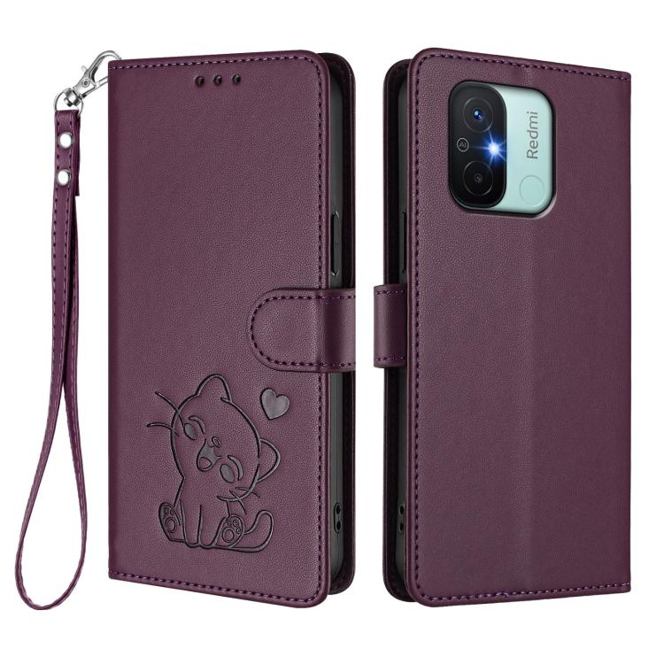 For Redmi 11A / Xiaomi Poco C55 Embossed Heart Cat Leather Phone Case with Hand Strap