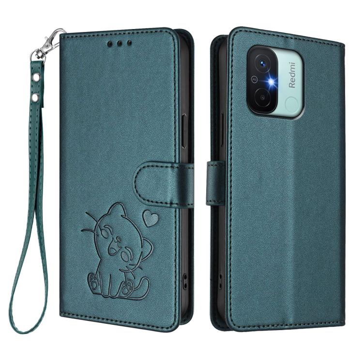 For Redmi 11A / Xiaomi Poco C55 Embossed Heart Cat Leather Phone Case with Hand Strap