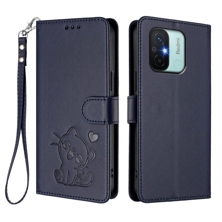 For Redmi 11A / Xiaomi Poco C55 Embossed Heart Cat Leather Phone Case with Hand Strap