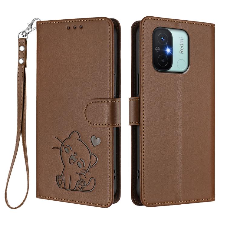 For Redmi 11A / Xiaomi Poco C55 Embossed Heart Cat Leather Phone Case with Hand Strap