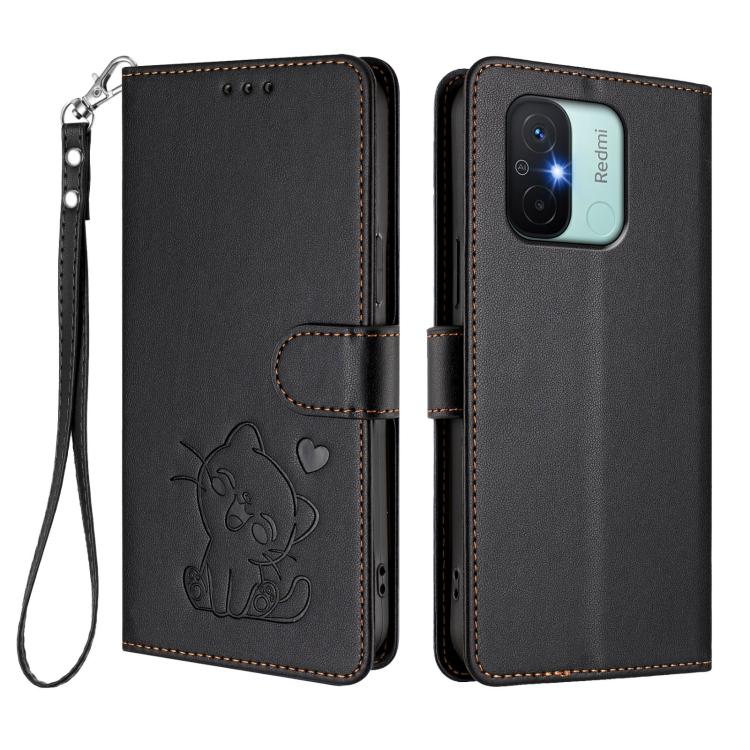 For Redmi 11A / Xiaomi Poco C55 Embossed Heart Cat Leather Phone Case with Hand Strap
