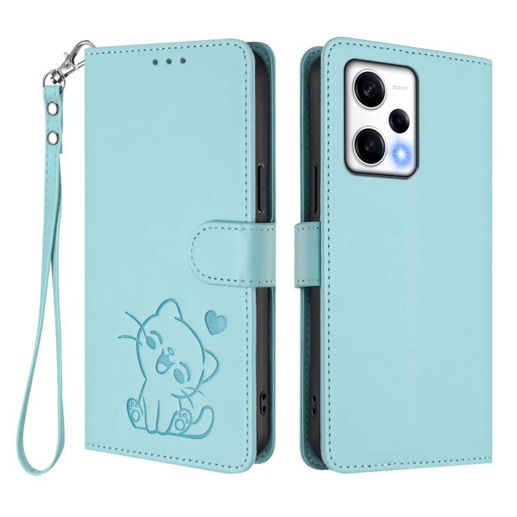 For Redmi Note 12 Pro+ 5G India Embossed Heart Cat Leather Phone Case with Hand Strap